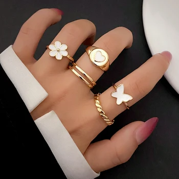 FNIO Модни Панковские геометрични пръстени със сърце, за жени, мъже, Метални пръстени с цветя и пеперуди, Подаръци, Бижута на едро