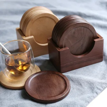 Дървена поставка в японски стил, на дървена поставка за чаши с подкрепа, набор от подложки, въз основа на черен орех, буковый лак, кутия за съхранение на една стойка, кухня