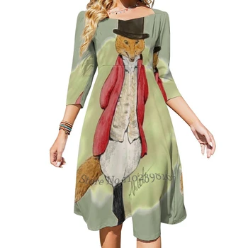Мистър Тод тръгва на лов, да се обличам с квадратни деколтета, Сладки Свободни рокли с принтом, Елегантна плажна премяна Beatrix Potter Fox Акварел Fox