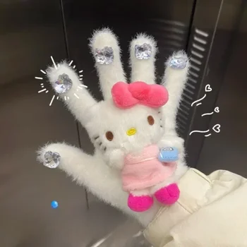 Нов Sanrio Kawaii Hellokitty Диаманти Норковая козина Ръкавици с пет пръста Аниме Рисунка Зима Сладък Прекрасен Подарък за Младо момиче, за Рожден Ден