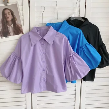 Реколта ежедневни блузи за жени с ръкав-фенерче, однобортный Деколте-къси ръкави, Дамски панталони, ризи, блузи, модни дамски блузи