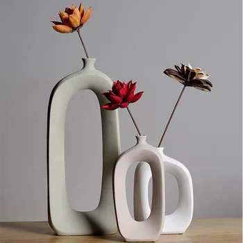 Скандинавски обикновен керамичен цвете върху стъблото, Куха ваза с цветя, цветни декорации, декорация на плота за всекидневната, креативна декорация поставяне